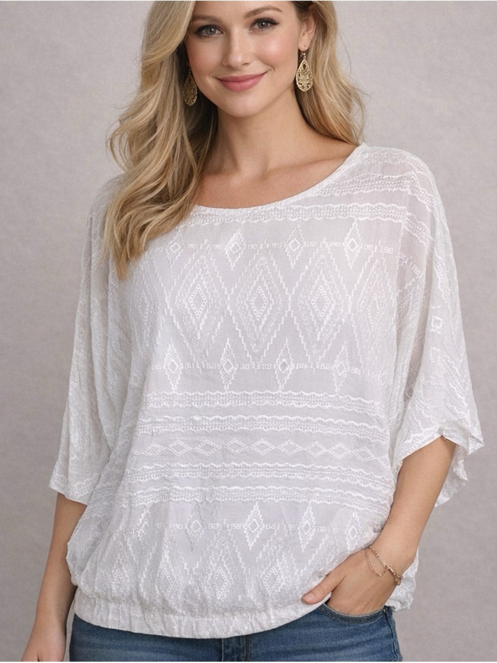 Sharon Young White Boho Embroidered Blouse Dolman Sleeve L